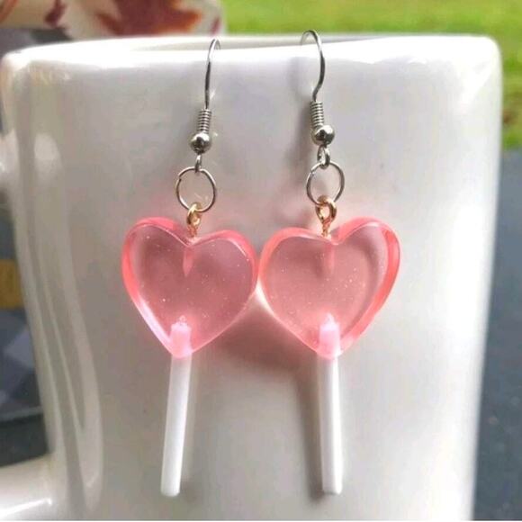New Pink Heart‎ Translucent Lollipop Sucker Glitter Earrings Long Barbie - Picture 1 of 2
